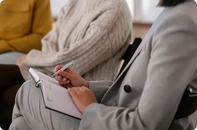 Bildet viser en psykolog som gjør notater i gruppe for vurdering og risikokartlegging