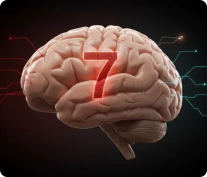 Illustrasjon av en menneskelig hjerne med tallet 7 i midten, som symboliserer syv vanlige psykiske lidelser hos barn.