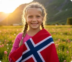 Smilende jente med norske flagget over skuldrene i en blomstereng med solnedgang bak, symboliserer barnebidrag og familie i Norge.