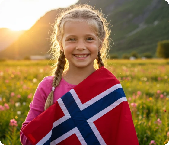 Smilende jente med norske flagget over skuldrene i en blomstereng med solnedgang bak, symboliserer barnebidrag og familie i Norge.
