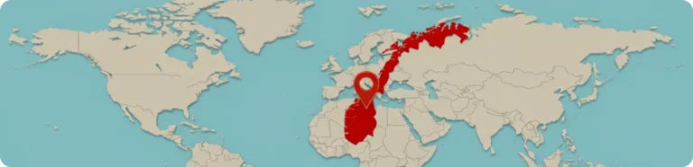Verdenskart med Norge markert i rødt og plassert med en lokasjonspinne som viser barnesakkyndig.no sine tjenester i Norge.