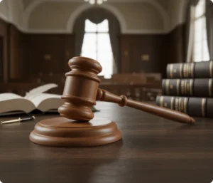 Dommerklubbe og lovbøker i rettssal som symbol på rollen og det etiske ansvaret til rettsoppnevnt barnesakkyndig