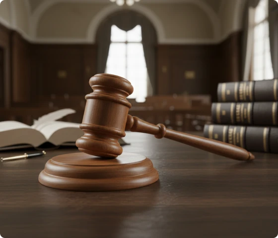 Dommerklubbe og lovbøker i rettssal som symbol på rollen og det etiske ansvaret til rettsoppnevnt barnesakkyndig