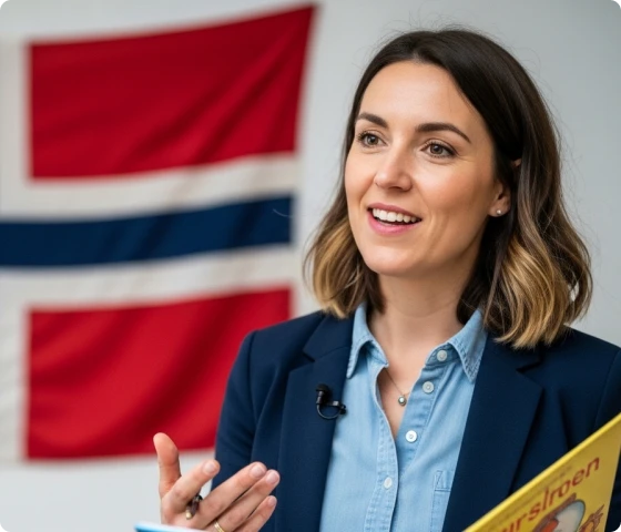 En profesjonell kvinne med kort bob-hårklipp, iført blå skjorte og blazer, snakker mens hun holder en bok, med et norsk flagg i bakgrunnen.